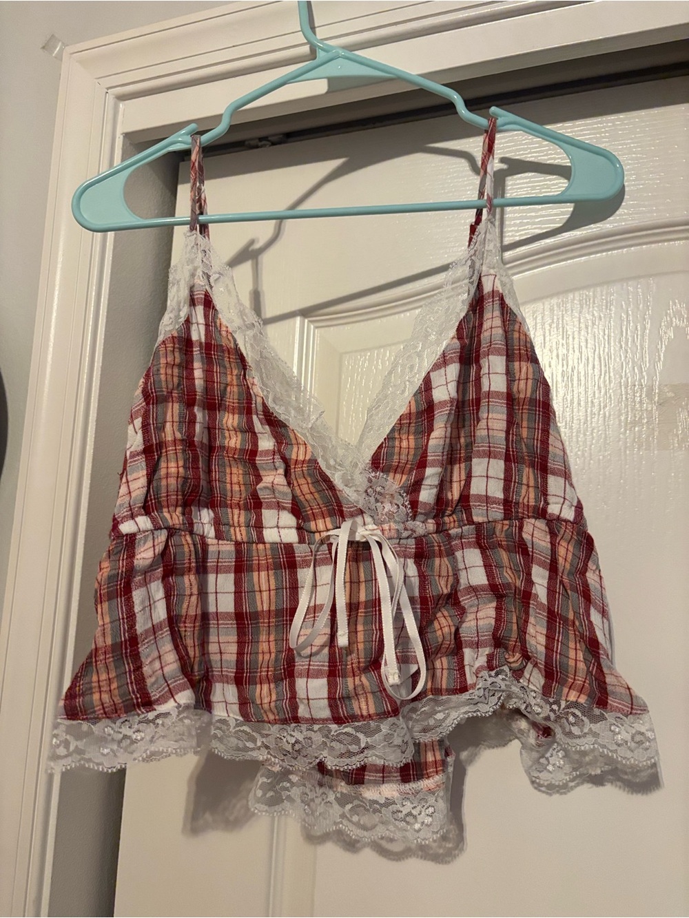 American Eagle Outfitters Red Plaid Lace-Trim Sleep Cami